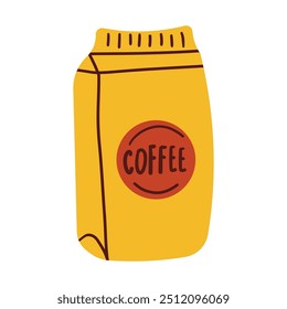 Pack of organic coffee beans. Sustainable, brown paper bag packaging. Flat vector illustration isolated on white background.