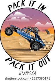 Pack it in and pack it out circular logo with a skeleton driver inside it. 4 wheeler car in desert with evening view and slight clouds and stars. drifting car with dust behind the car. 2 black flags