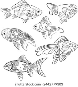 pack of outline goldfish vector illustration collection isolated in white background hand drawn