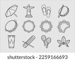 Pack of outline icons of Brazilian Carnival instruments and other typical objects