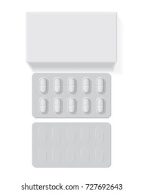 pack with oval tablets medicines mock up vector template