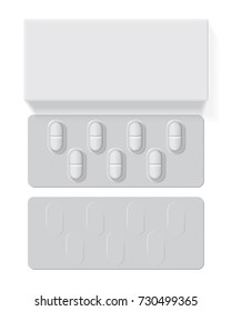 pack with oval tablets medicines mock up vector template