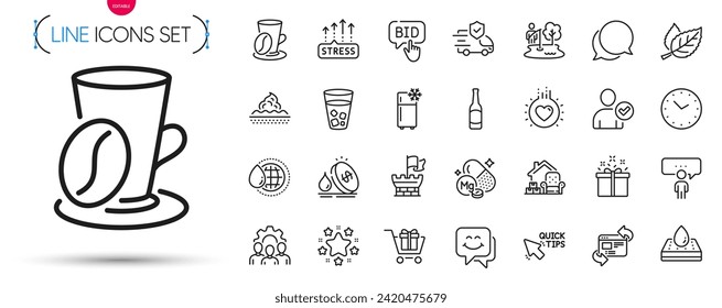 Pack of Packing things, Stress grows and Waterproof mattress line icons. Include Shield, Refresh website, Shopping cart pictogram icons. Quick tips, Smile face, Transport insurance signs. Vector