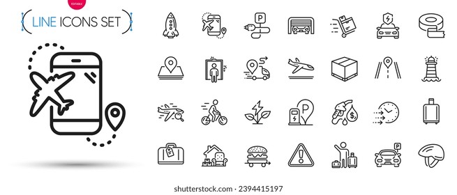 Pack of Parking, Petrol station and Airport transfer line icons. Include Parking garage, Road, Warning pictogram icons. Rocket, Baggage reclaim, Car charging signs. Inventory cart. Vector