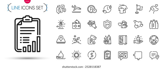 Paquete de seguridad de estacionamiento, aplaudir las manos y cultivar iconos de línea de planta. Incluya los iconos del faro, del rompecabezas, del pictograma del Pin. Coronavirus, champú para mascotas, signos de laboratorio de química. Botellas de agua, billetera. Vector