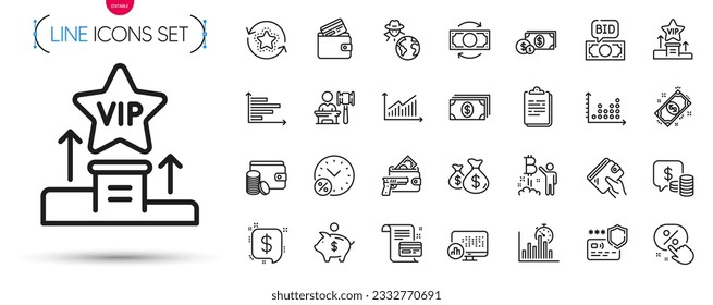 Paquete de tarjeta de pago, dinero en dólares e iconos de línea de método de pago. Incluir estadísticas de informes, monedas, iconos del pictograma del proyecto Bitcoin. Puntos de lealtad, carteras, carteles de tarjetas de débito. Vip podium. Vector