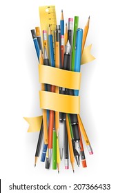 Pack of pencils and pens with  ribbon with place for your text, vector illustration