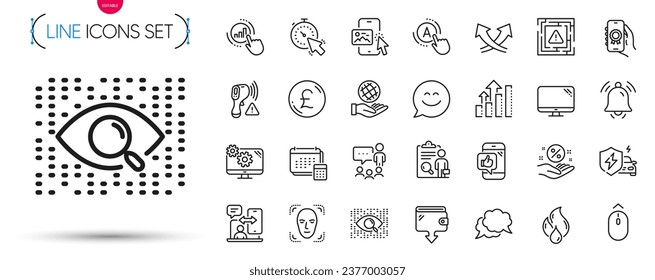 Paquete de personas charlando, flechas de intersección e inspeccionar iconos de línea. Incluir la cuenta, el gráfico de análisis, los iconos del pictograma del mensaje de charla. Combustible inflamable, Cartera, Señales de detección de caras. Suba. Vector