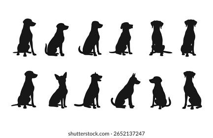 Pack of Pet Dog Silhouettes Sitting Side View for Creative Projects, Animal Silhouette Bundle Featuring Different Sitting Dog Breeds