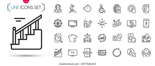 Pack von Telefonrätsel, Suchen Dokument und Inflationslinien-Symbole. Autoladung, Bild-Karussell, Piktogramm-Symbole synchronisieren. Rise Preis, Lebensmittellieferung, Ab Testzeichen. Führung. Vektorgrafik