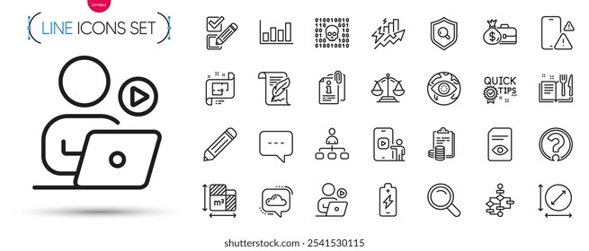 Pack of Phone warning, Checkbox and Attached info line icons. Include Salary, Circle area, Feather pictogram icons. Accounting, Cyber attack, Report diagram signs. Battery charging. Vector