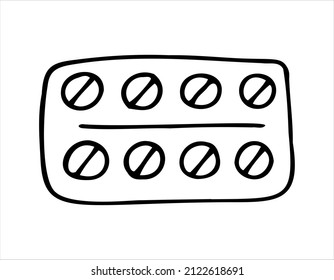 Pack of Pills in doodle style isolated on a white background. Vector Illustration. 