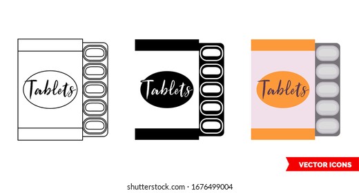 Icono de paquete de pastillas de 3 tipos: color, blanco y negro, contorno. Símbolo vectorial aislado.