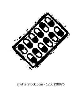 Pack Pills Icon. Black ink with splashes on white background