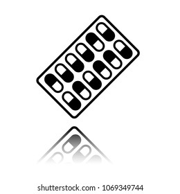 Pack Pills Icon. Black icon with mirror reflection on white back