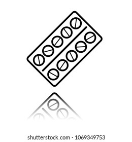 Pack Pills Icon. Black icon with mirror reflection on white back