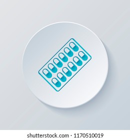 Pack Pills Icon. Cut circle with gray and blue layers. Paper style