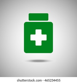Pack with pills icon. Flat style. Grey background. Vector illustration.