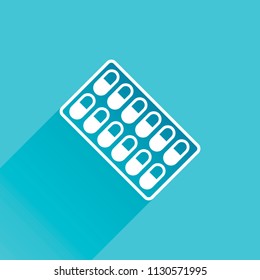 Pack Pills Icon. Gray icon with long shadow in bottom left corner on blue background