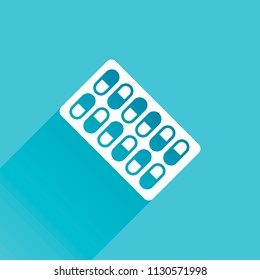 Pack Pills Icon. Gray icon with long shadow in bottom left corner on blue background