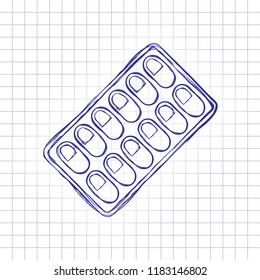 Pack Pills Icon. Hand drawn picture on paper sheet. Blue ink, outline sketch style. Doodle on checkered background