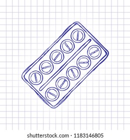Pack Pills Icon. Hand drawn picture on paper sheet. Blue ink, outline sketch style. Doodle on checkered background