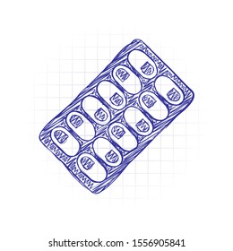 Pack Pills Icon. Hand drawn sketched picture with scribble fill. Blue ink. Doodle on white background