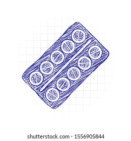 Pack Pills Icon. Hand drawn sketched picture with scribble fill. Blue ink. Doodle on white background