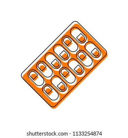 Pack Pills Icon. Isolated icon consisting of black thin contour and orange moved filling on different layers. White background