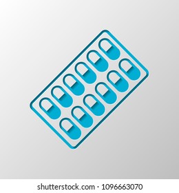 Pack Pills Icon. Paper design. Cutted symbol with shadow
