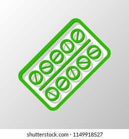 Pack Pills Icon. Paper style. Cut symbol with green bold contour on shape and simple shadow