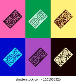 Pack Pills Icon. Pop art style. Scratched icons on 6 colour backgrounds. Seamless pattern