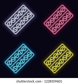 Pack Pills Icon. Set of fashion neon sign. Casino style on dark background. Seamless pattern