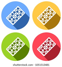 Pack Pills Icon. Set of white icons with long shadow on blue, orange, green and red colored circles. Sticker style