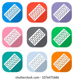 Pack Pills Icon. Set of white icons on colored squares for appli