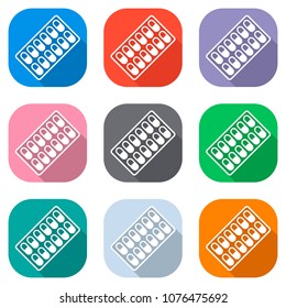 Pack Pills Icon. Set of white icons on colored squares for appli