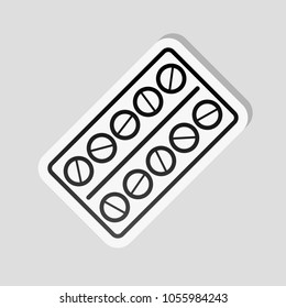 Pack Pills Icon. Sticker style with white border and simple shadow on gray background