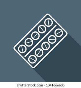 Pack Pills Icon. White flat icon with long shadow on background