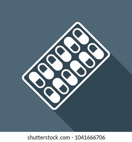 Pack Pills Icon. White flat icon with long shadow on background