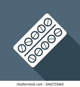 Pack Pills Icon. White flat icon with long shadow on background