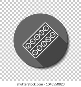 Pack Pills Icon. White flat icon with long shadow in circle on transparent background