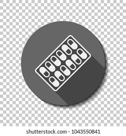 Pack Pills Icon. White flat icon with long shadow in circle on transparent background