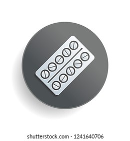 Pack Pills Icon. White paper symbol on gray round button with shadow