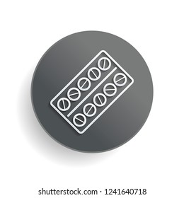 Pack Pills Icon. White paper symbol on gray round button with shadow