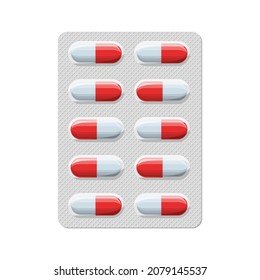 Pack of pills for the treatment of illness and pain. Blister icon with pills or capsules. A package of medicines for pills: vitamin, antibiotic, aspirin. Pharmacy and drugs symbol Vector illustration