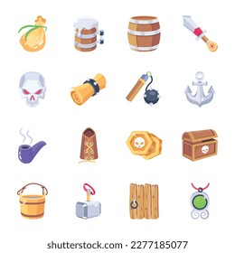 Pack of Pirate Equipments and Accessories 2D Icons 

