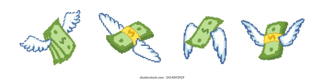 Pack of pixel dollars with wings set. Rise of 8bit financial success investments and bank deposits with successful economic vector project