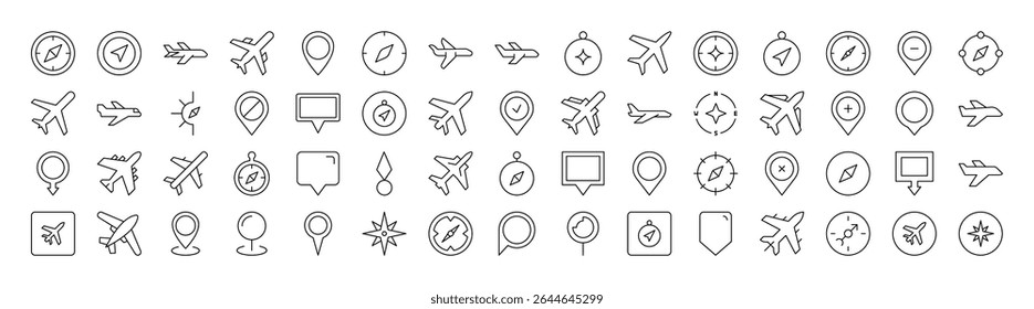 Pack of Plane, Map Pin, Compass Related Line Icons. Outline Signs for Graphic and Web Design, Apps, Adverts, Various Cards
