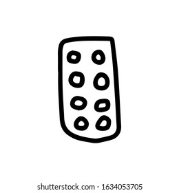 Pack or plate of pills in hand drawn doodle style isolated on white background. Vector stock outline illustration. Single. Sign element. Medical equipment. Logo.Print.Line art. Coloring book.Logotype.