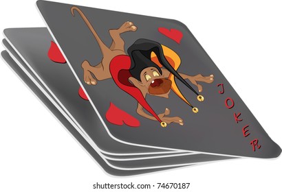Pack of playing cards and a joker. Monkey.Cartoon